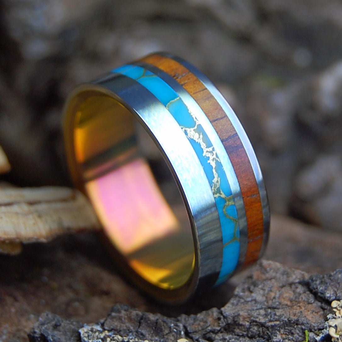 TIBETAN SUNSET | Men's Cocobolo Wood, Tibetan Turquoise & Inox Steel Wedding Ring - Minter and Richter Designs