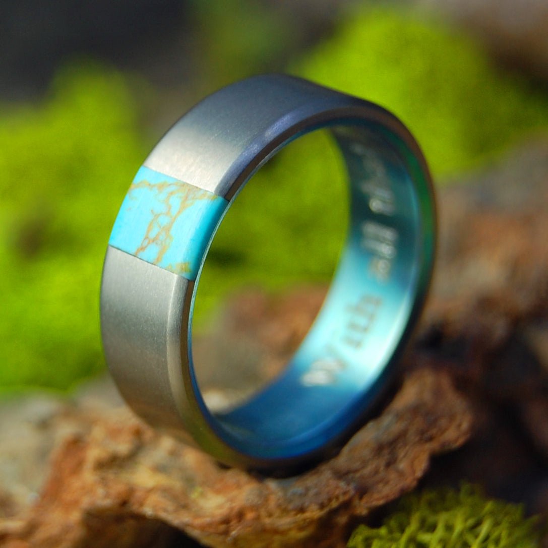 Tibetan True North Engraved | Size 8.5 At 6.4mm | Tibetan Turquoise | Unique Wedding Band | On Sale - Minter and Richter Designs