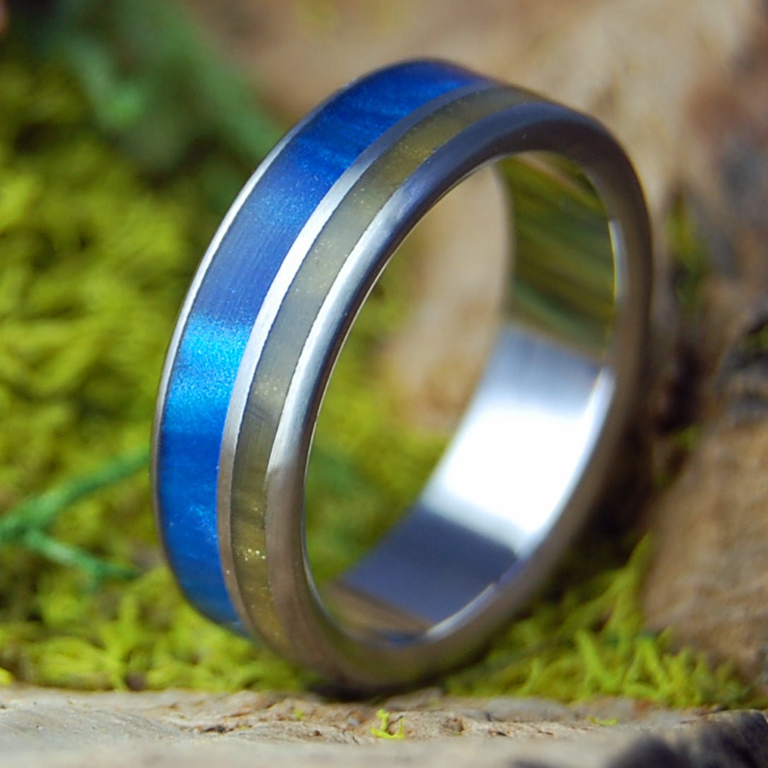 TIGER EYE BLUE OFFSET | Men's Tiger Eye Stone, Blue Marbled Opal & Titanium Wedding Ring - Minter and Richter Designs