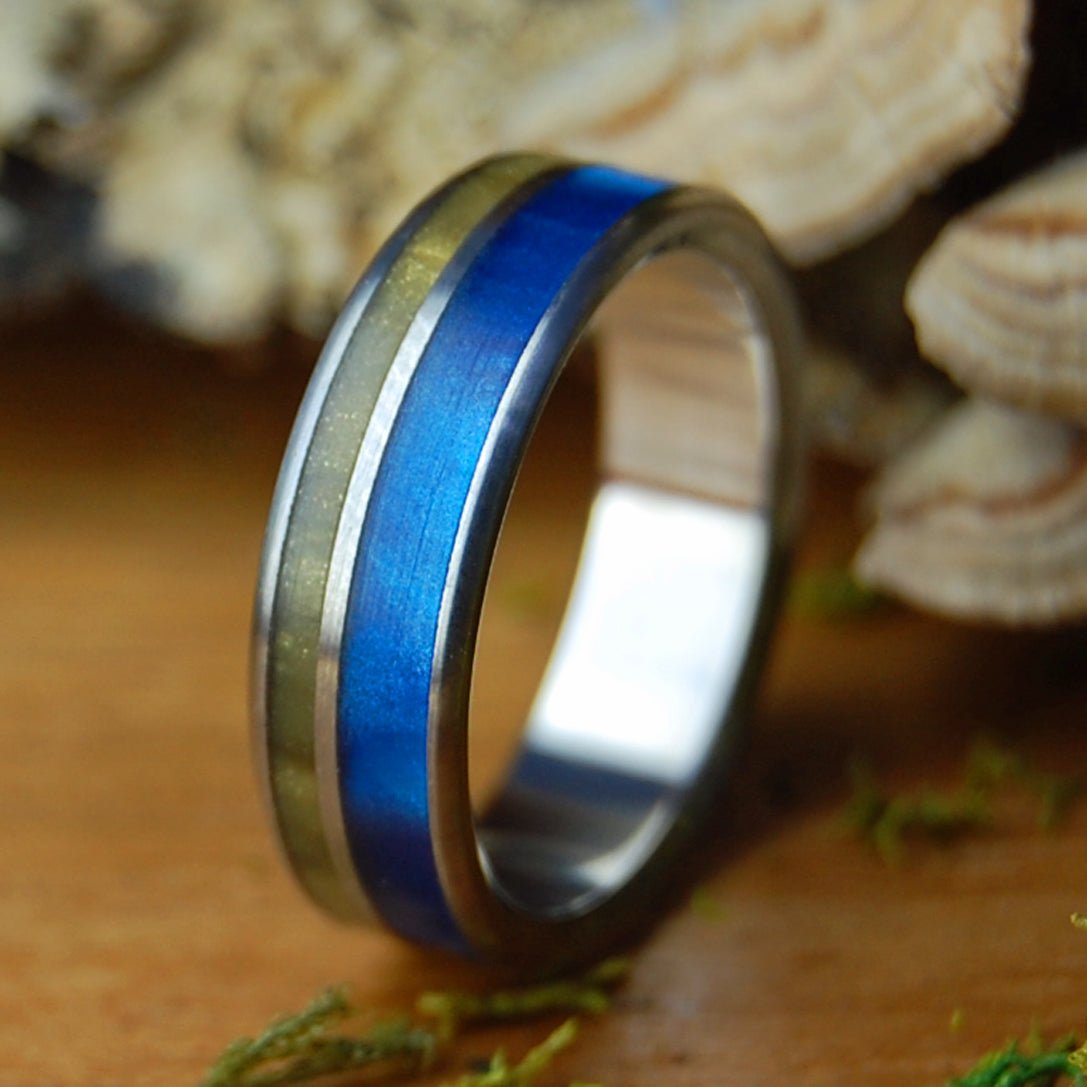 TIGER EYE BLUE OFFSET | Men's Tiger Eye Stone, Blue Marbled Opal & Titanium Wedding Ring - Minter and Richter Designs