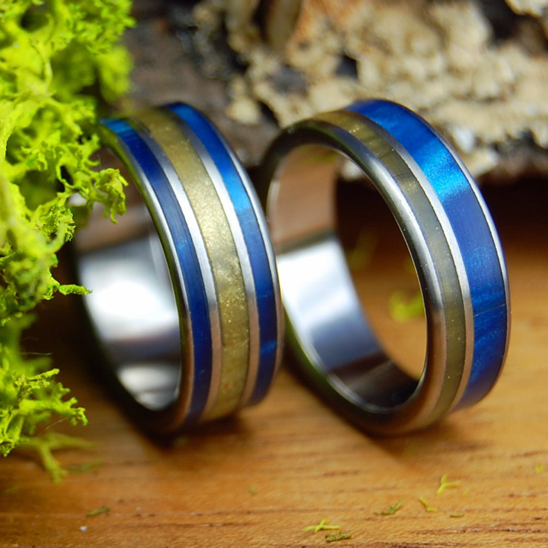 TIGER EYE BLUE & OFFSET | Tiger Eye Stone & Blue Marbled Opal - Unique Titanium Wedding Rings - Minter and Richter Designs
