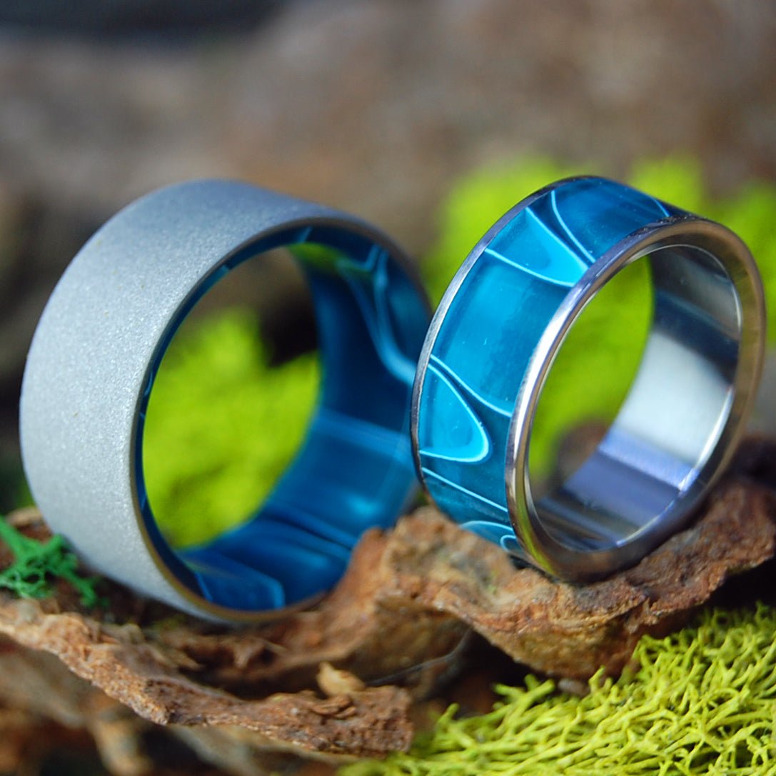 Time Travel Ocean's Moon | Aquatic Blue Resin - Unique Titanium Wedding Rings - Minter and Richter Designs