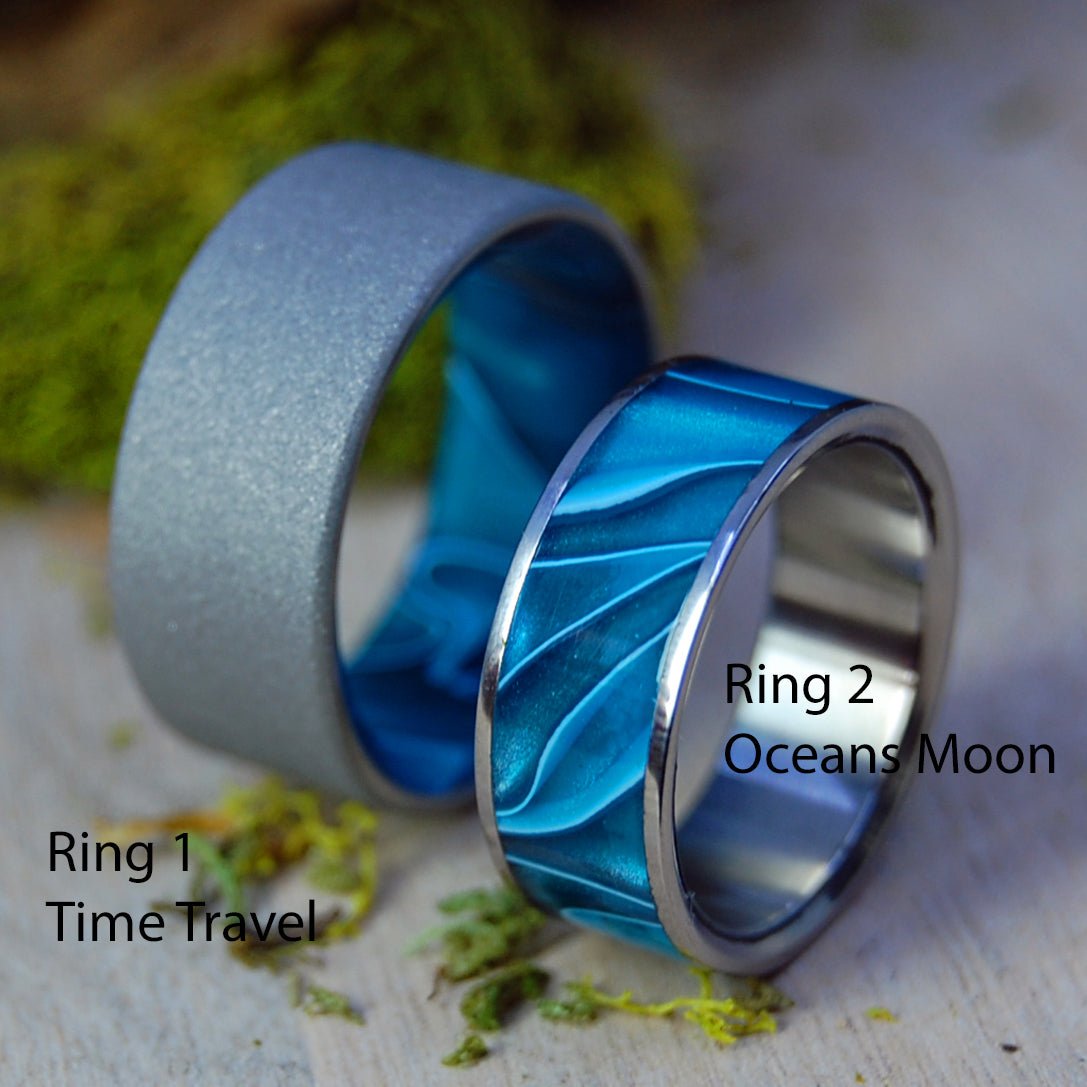 Time Travel Ocean's Moon | Aquatic Blue Resin - Unique Titanium Wedding Rings - Minter and Richter Designs