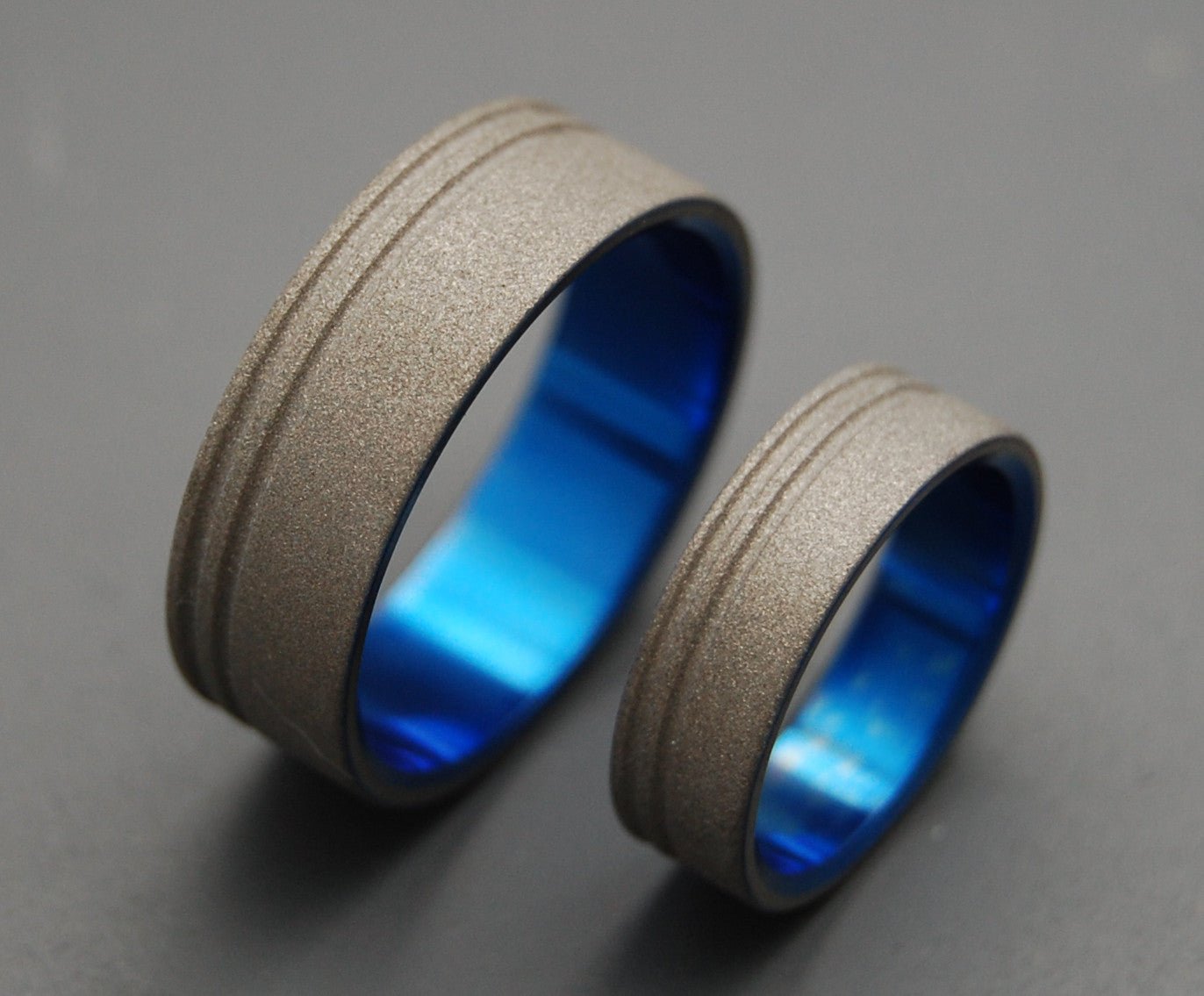 To The Future Blue | Sandblasted Titanium Ring - Unique Men's Wedding Ring Set - Minter and Richter Designs