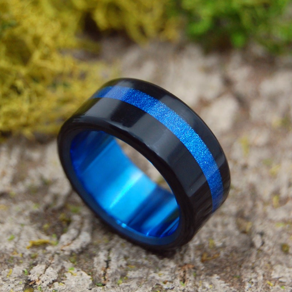 Tron | Size 7.25 At 9.5mm | Black & Blue Sparkle Resin | Titanium Wedding Ring | On Sale - Minter and Richter Designs