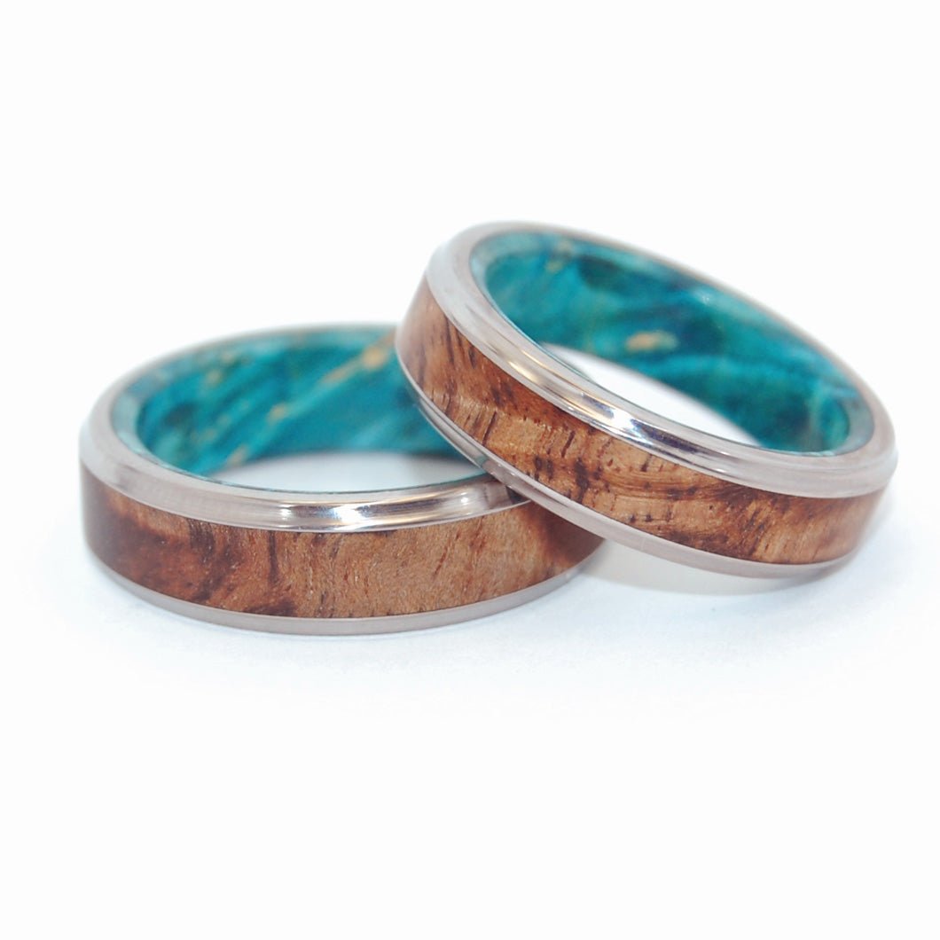 Turquoise Night | Hawaiian Koa Wood & Titanium - Unique Wedding Ring - Wedding Ring Set - Minter and Richter Designs