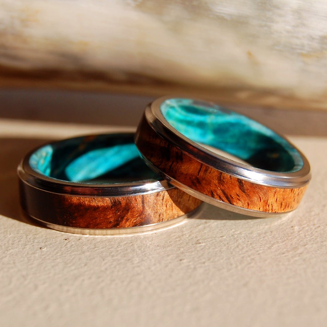 Turquoise Night | Hawaiian Koa Wood & Titanium - Unique Wedding Ring - Wedding Ring Set - Minter and Richter Designs