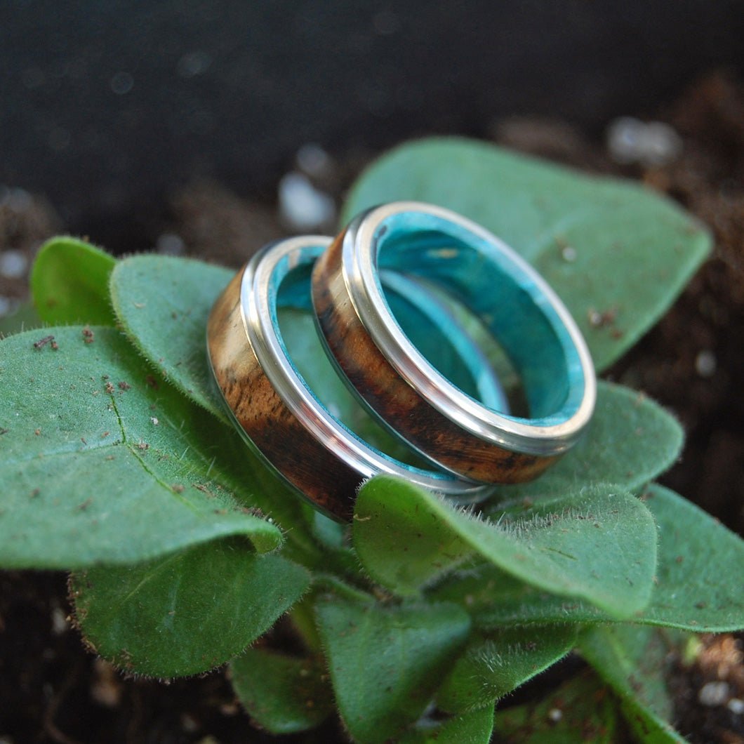 Turquoise Night | Hawaiian Koa Wood & Titanium - Unique Wedding Ring - Wedding Ring Set - Minter and Richter Designs