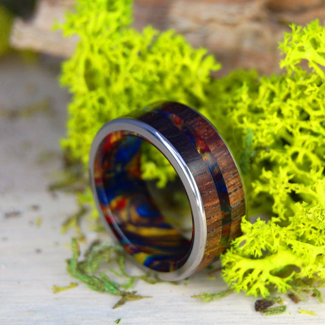 Vegas Love | Men's Lava Burst Resin, Koa Wood & Titanium Wedding Ring - Minter and Richter Designs