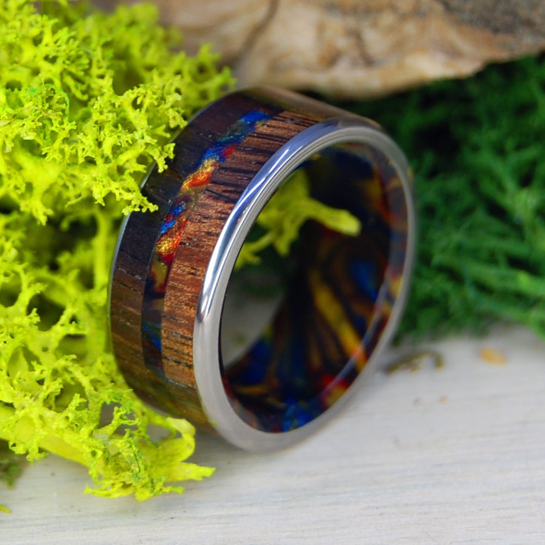 Vegas Love | Men's Lava Burst Resin, Koa Wood & Titanium Wedding Ring - Minter and Richter Designs