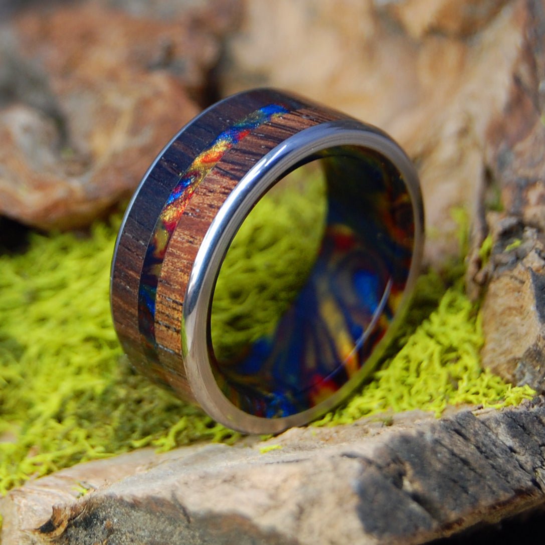 Vegas Love | Men's Lava Burst Resin, Koa Wood & Titanium Wedding Ring - Minter and Richter Designs
