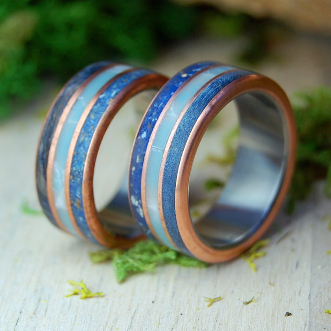 Vero Beach | Blue Box Elder Wood, Vero Beach Sand, Larimar Stone, & Titanium Wedding Rings - Minter and Richter Designs