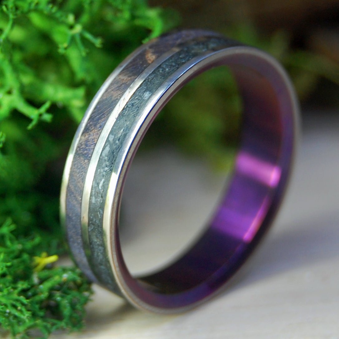 Vik Beach and Purple Box Elder | Size 10.75 At 5.6mm | Box Elder Wood and Vik Beach Lava | Unique Wedding Band | On Sale - Minter and Richter Designs