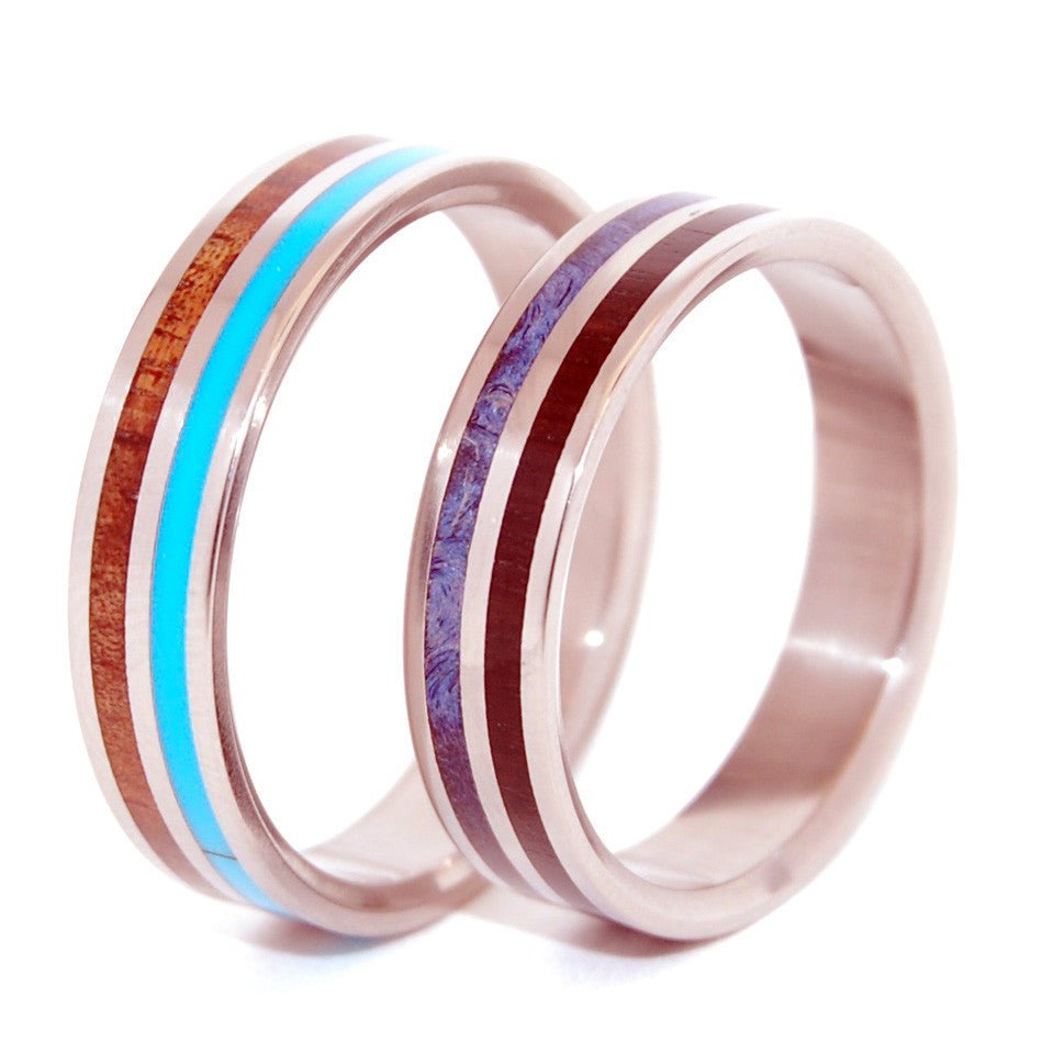 Walking Along Holding Hands | Turquoise Resin & Hawaiian Koa Wood - Unique Wedding Rings - Minter and Richter Designs