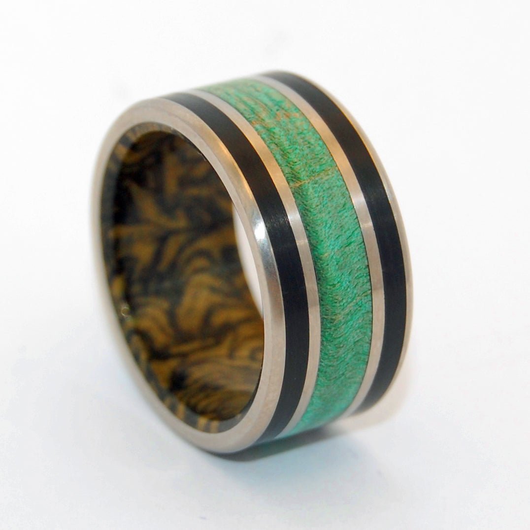 Water Buffalo Gold | Men's Mokume Gane, Green Maple, Horn & Titanium Wedding Ring - Minter and Richter Designs