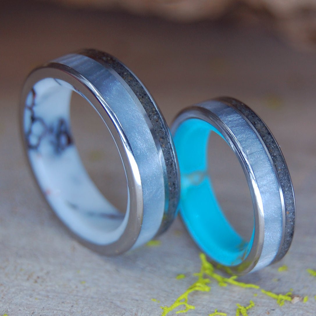 Wild & Turquoise Gray Kentucky Set | Gray Marbled Opalescent, Kentucky Coal, Stone & Titanium Wedding Rings - Minter and Richter Designs