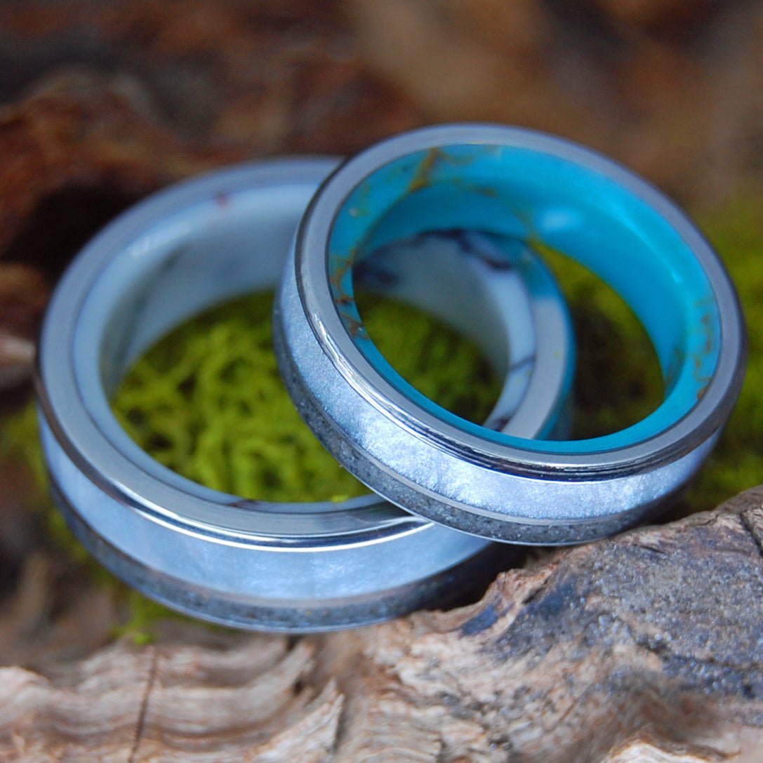 Wild & Turquoise Gray Kentucky Set | Gray Marbled Opalescent, Kentucky Coal, Stone & Titanium Wedding Rings - Minter and Richter Designs