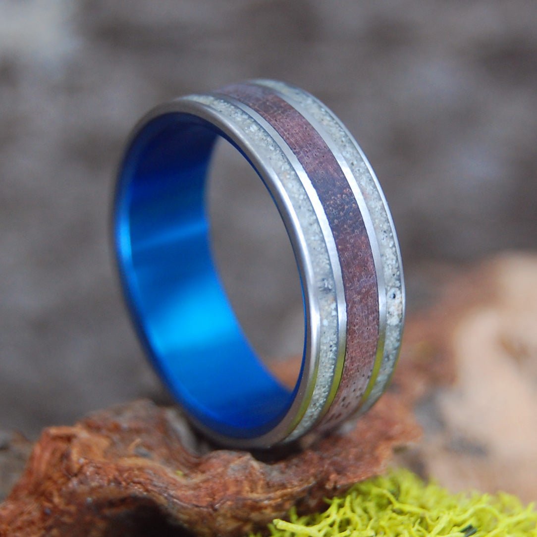 Wood And Beach Blue | Men's Amboyna Burl, Beach Sand & Titanium Wedding Ring - Minter and Richter Designs