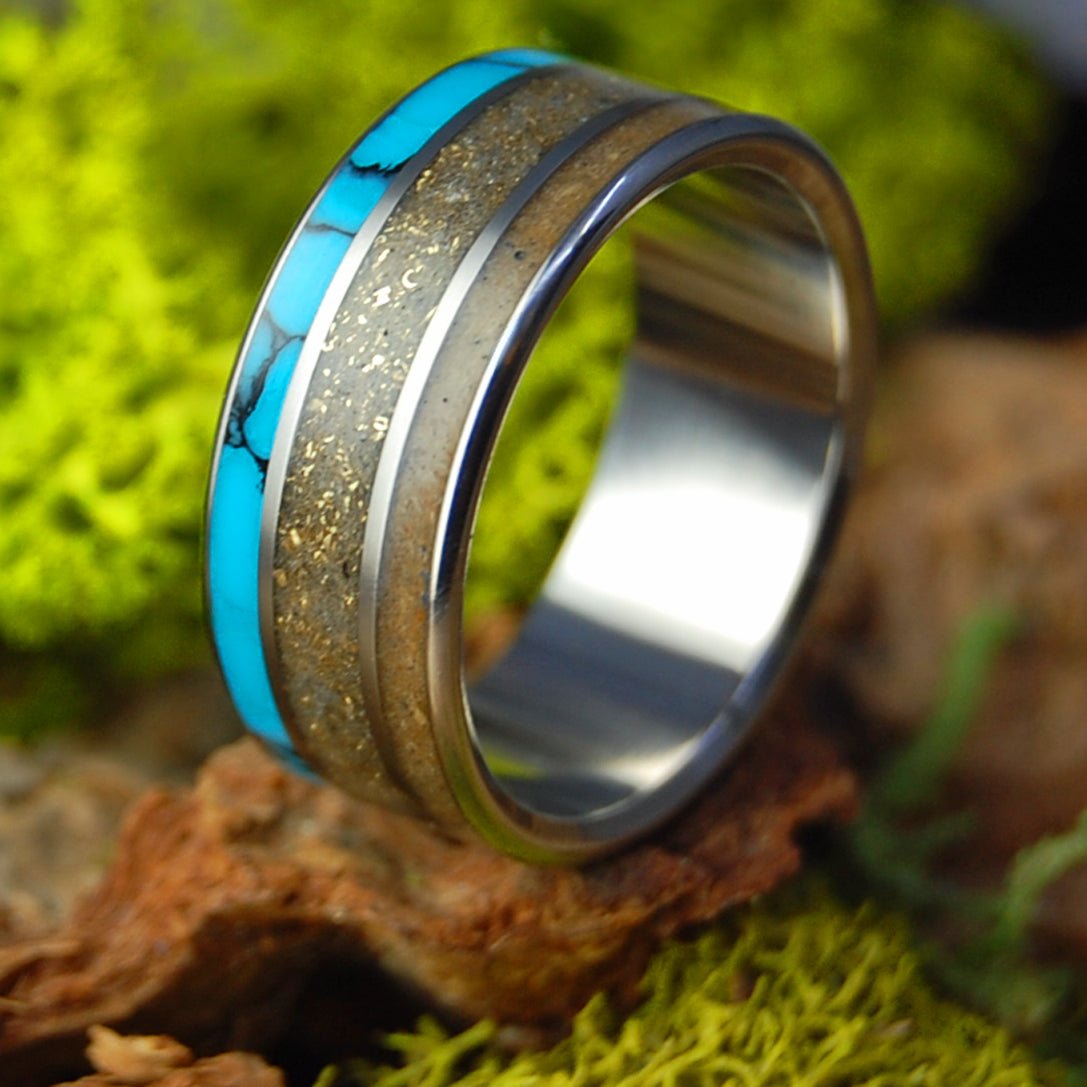 Woolly Mammoth Gold Quartz | Men's Woolly Mammoth Tusk, Turquoise and Gold Quartz - Titanium Wedding Ring - Minter and Richter Designs