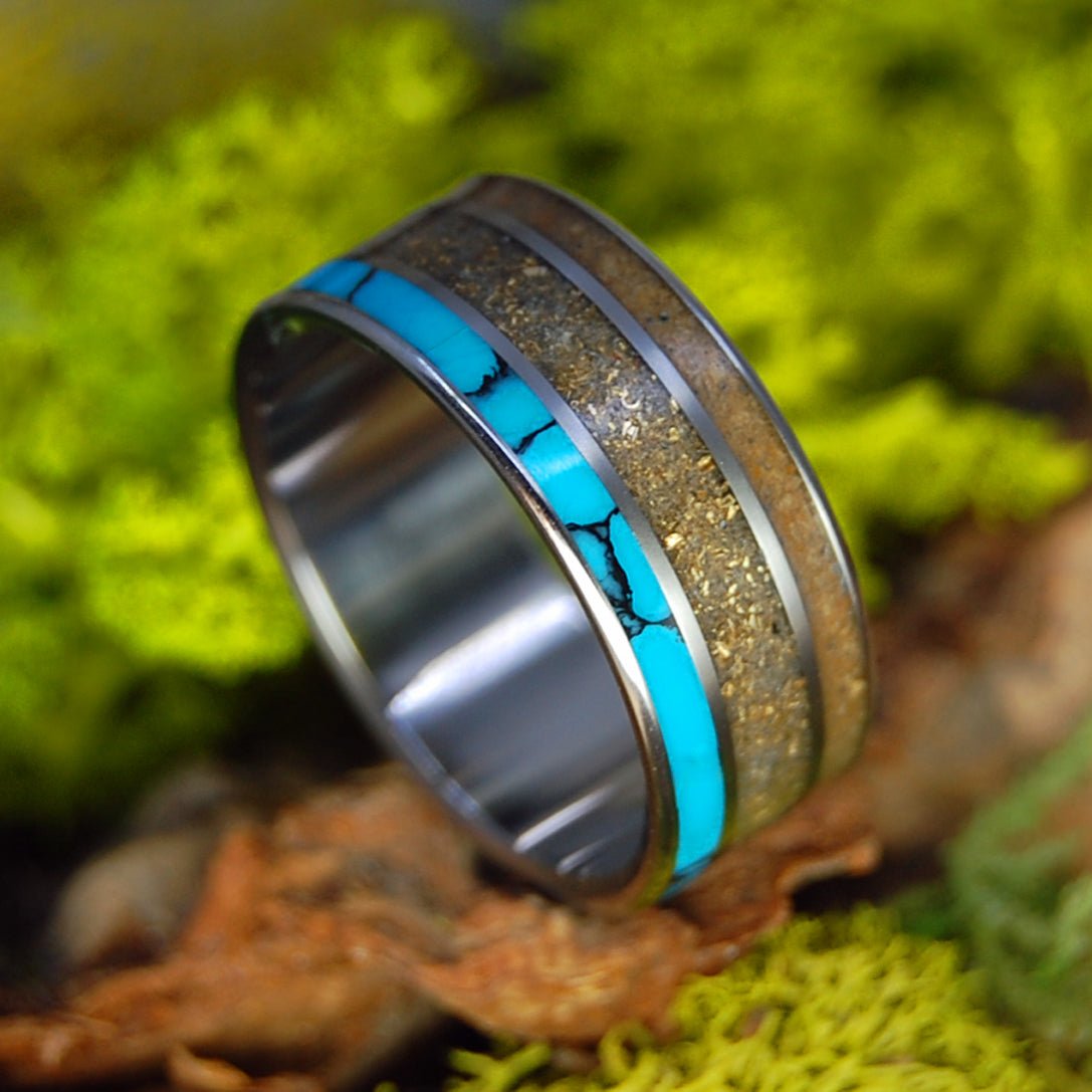 Woolly Mammoth Gold Quartz | Men's Woolly Mammoth Tusk, Turquoise and Gold Quartz - Titanium Wedding Ring - Minter and Richter Designs