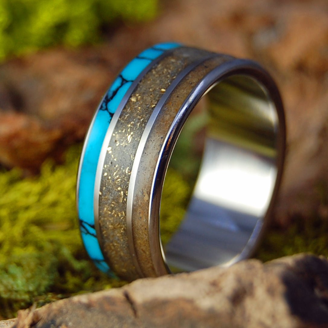 Woolly Mammoth Gold Quartz | Men's Woolly Mammoth Tusk, Turquoise and Gold Quartz - Titanium Wedding Ring - Minter and Richter Designs