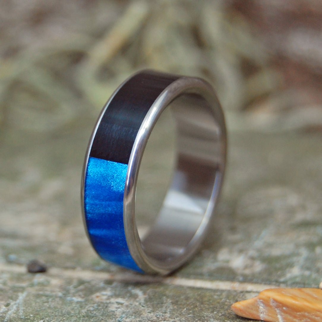 Ying Meets Yang | Men's Black Onyx Stone, Blue Marbled Opalescent Resin & Titanium Wedding Ring - Minter and Richter Designs