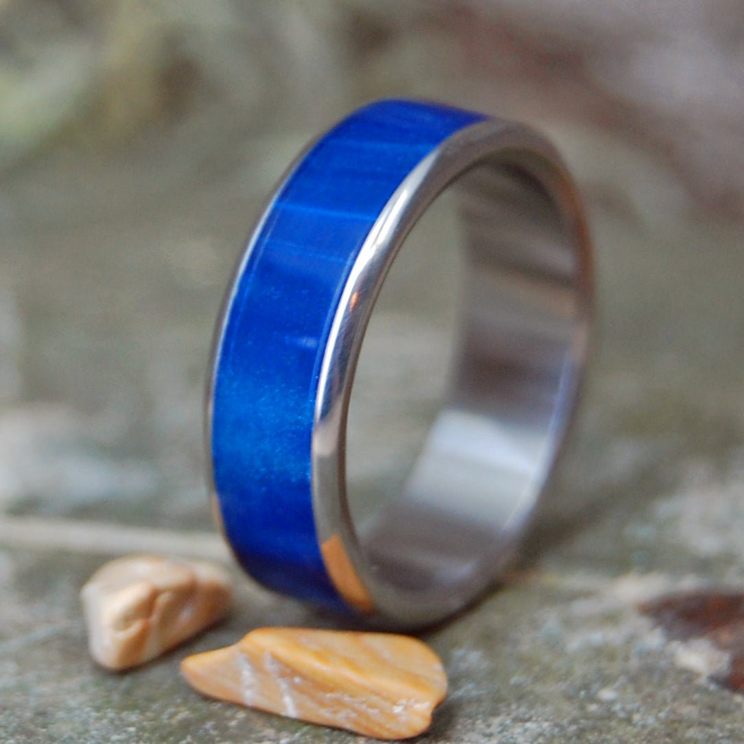 Ying Meets Yang | Men's Black Onyx Stone, Blue Marbled Opalescent Resin & Titanium Wedding Ring - Minter and Richter Designs