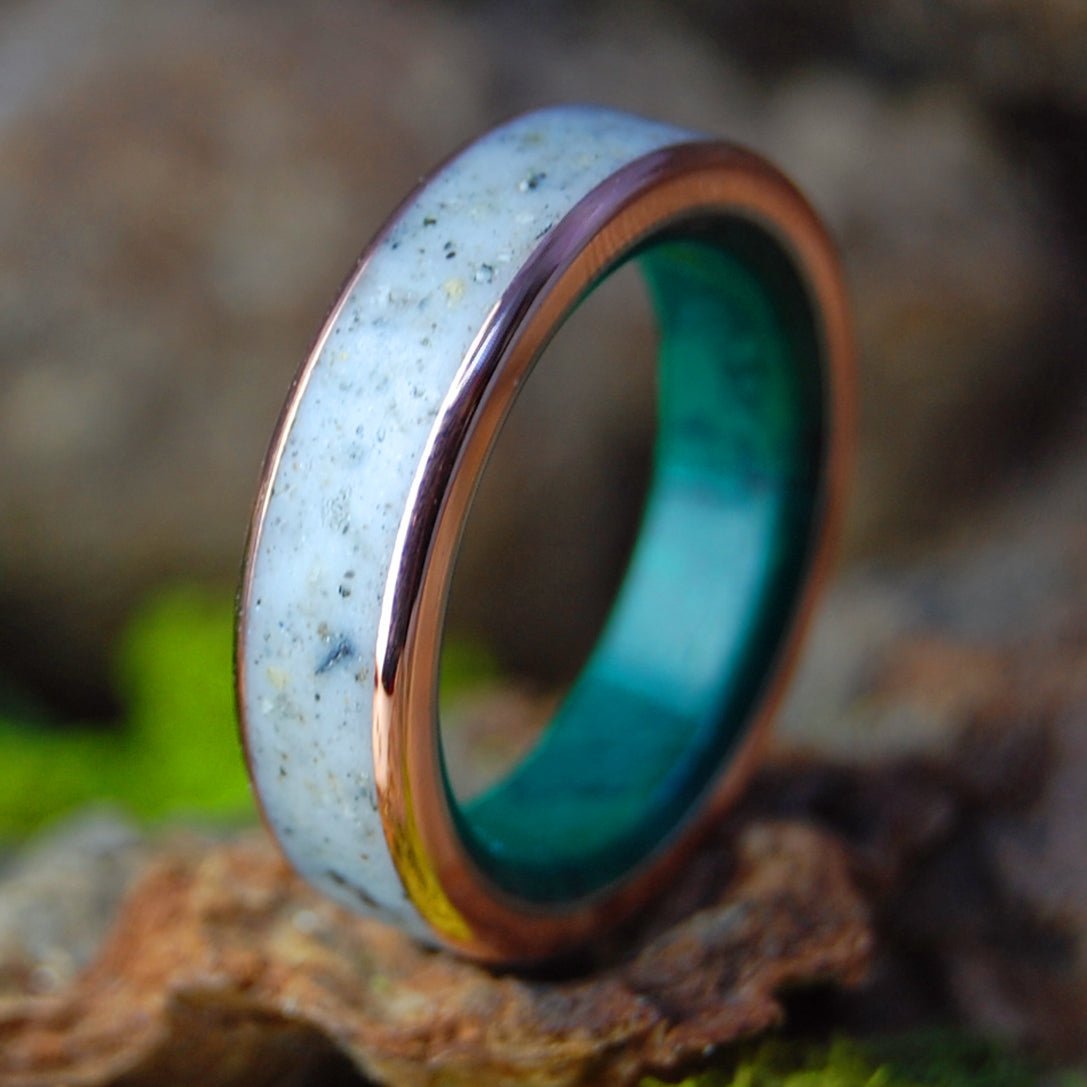 York Harbor, Maine | Men's Jade, Beach Sand, Copper & Titanium Wedding Ring - Minter and Richter Designs