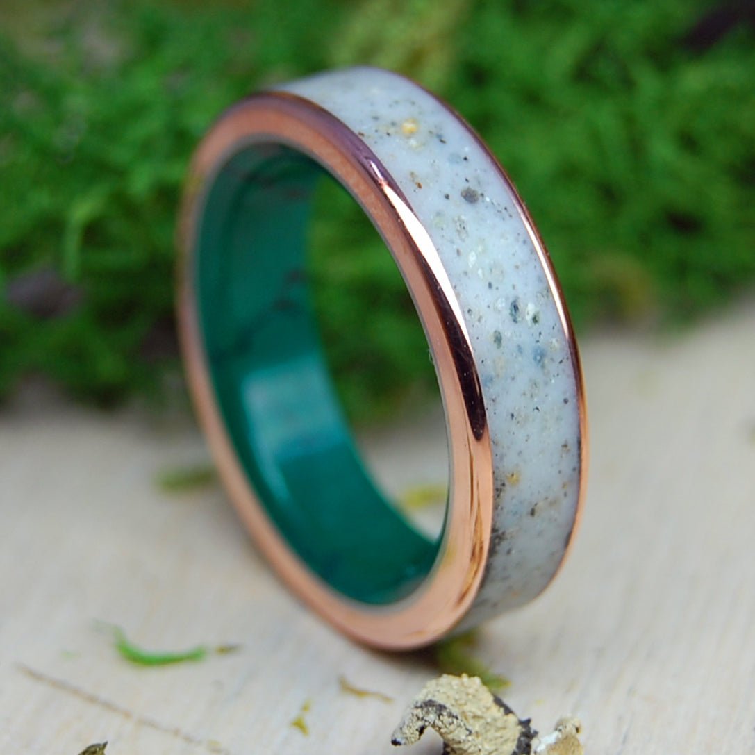 York Harbor, Maine | Men's Jade, Beach Sand, Copper & Titanium Wedding Ring - Minter and Richter Designs
