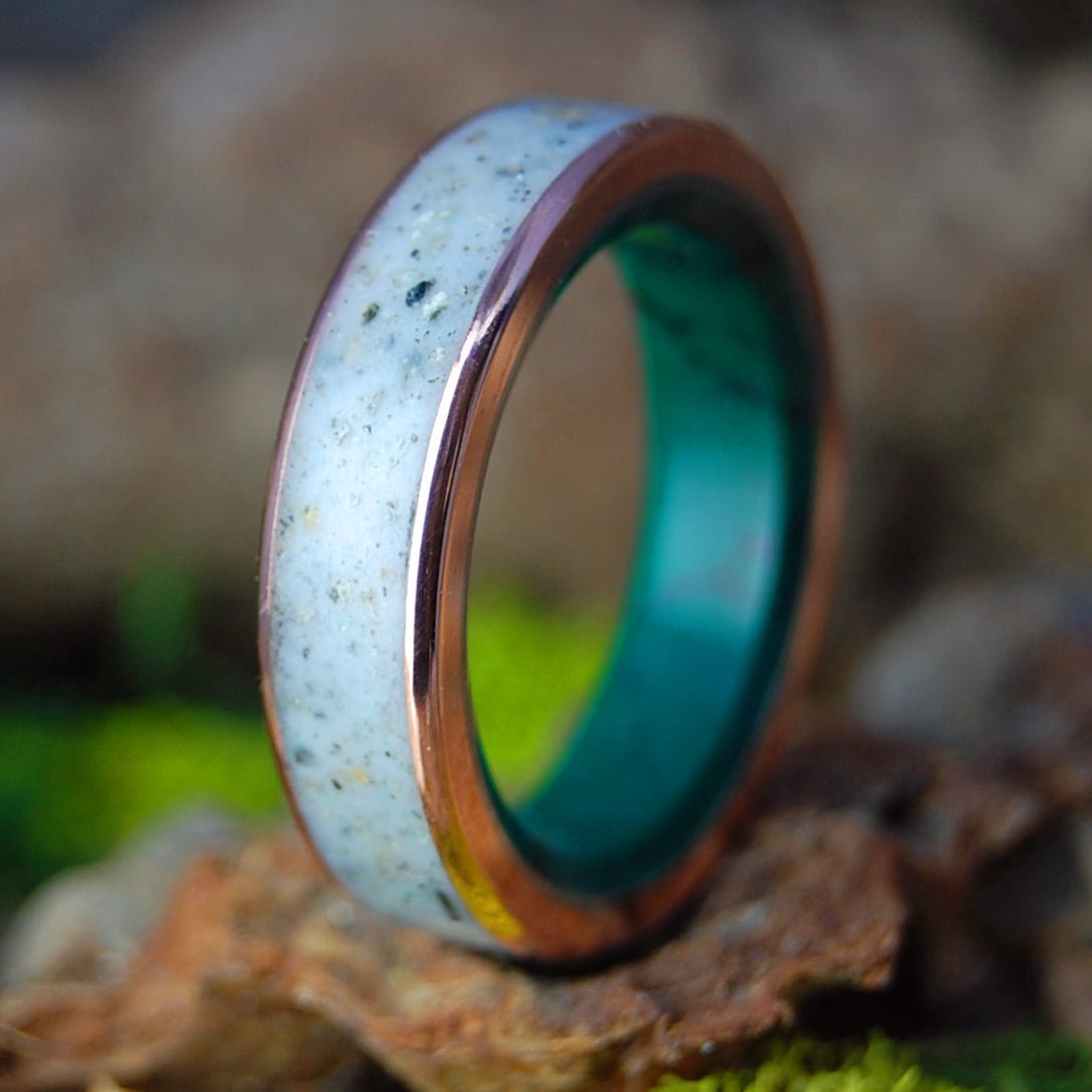 York Harbor, Maine | Men's Jade, Beach Sand, Copper & Titanium Wedding Ring - Minter and Richter Designs