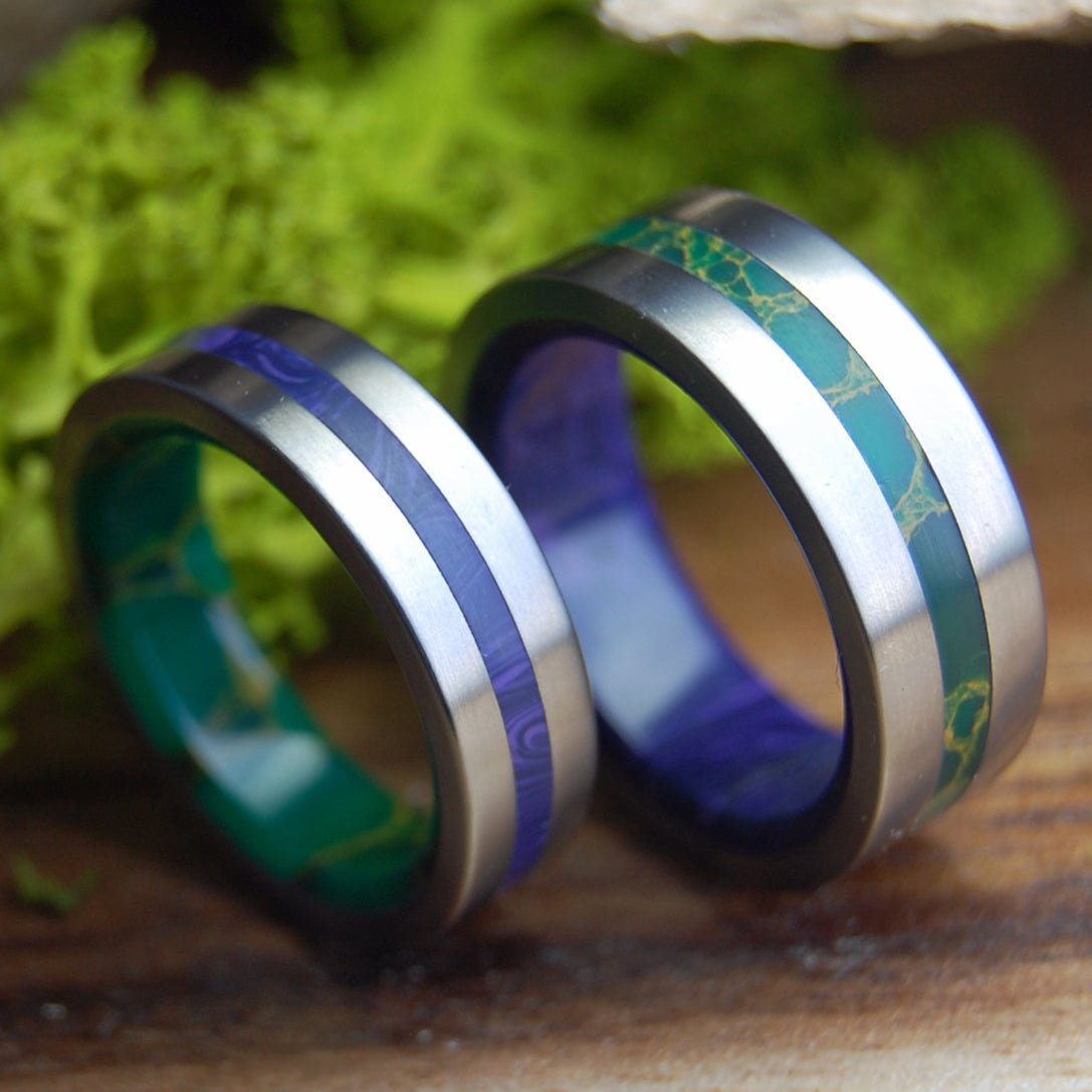 YOU ARE MY CALM. YOU ARE MY SPARK. | Jade, Charoite & Titanium - Unique Wedding Rings - Minter and Richter Designs