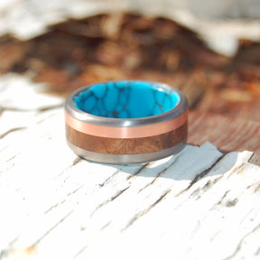 THE MOTIVE OF A VIKING | Copper, Turquoise & Desert Ironwood Titanium Men's Wedding Rings - Minter and Richter Designs