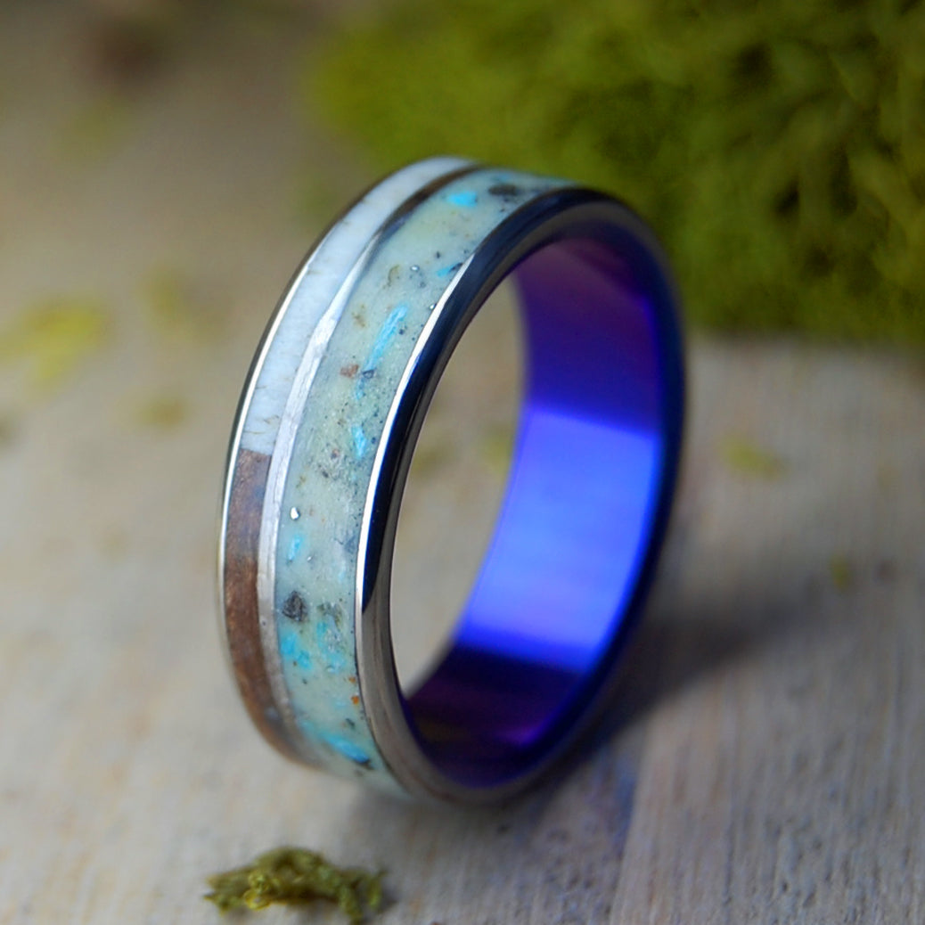 23 VOLTS | Men's Crushed Meteorite & Moose, Redwood, Sand, Turquoise & Titanium Wedding Ring