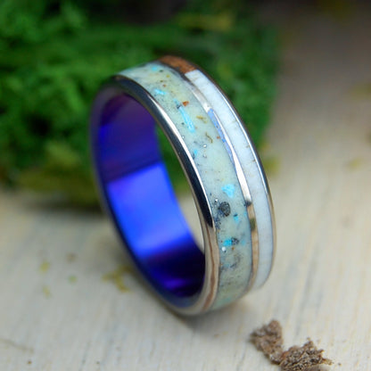 23 VOLTS | Men's Crushed Meteorite & Moose, Redwood, Sand, Turquoise & Titanium Wedding Ring