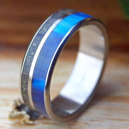AGUADILLO BLUE | Beach Sand & Blue Marbled Opalescent Titanium Men's Wedding Ring