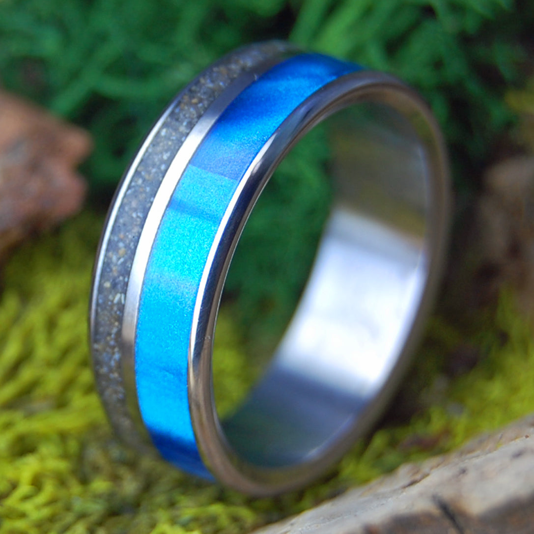 AGUADILLO BLUE | Beach Sand & Blue Marbled Opalescent Titanium Men's Wedding Ring