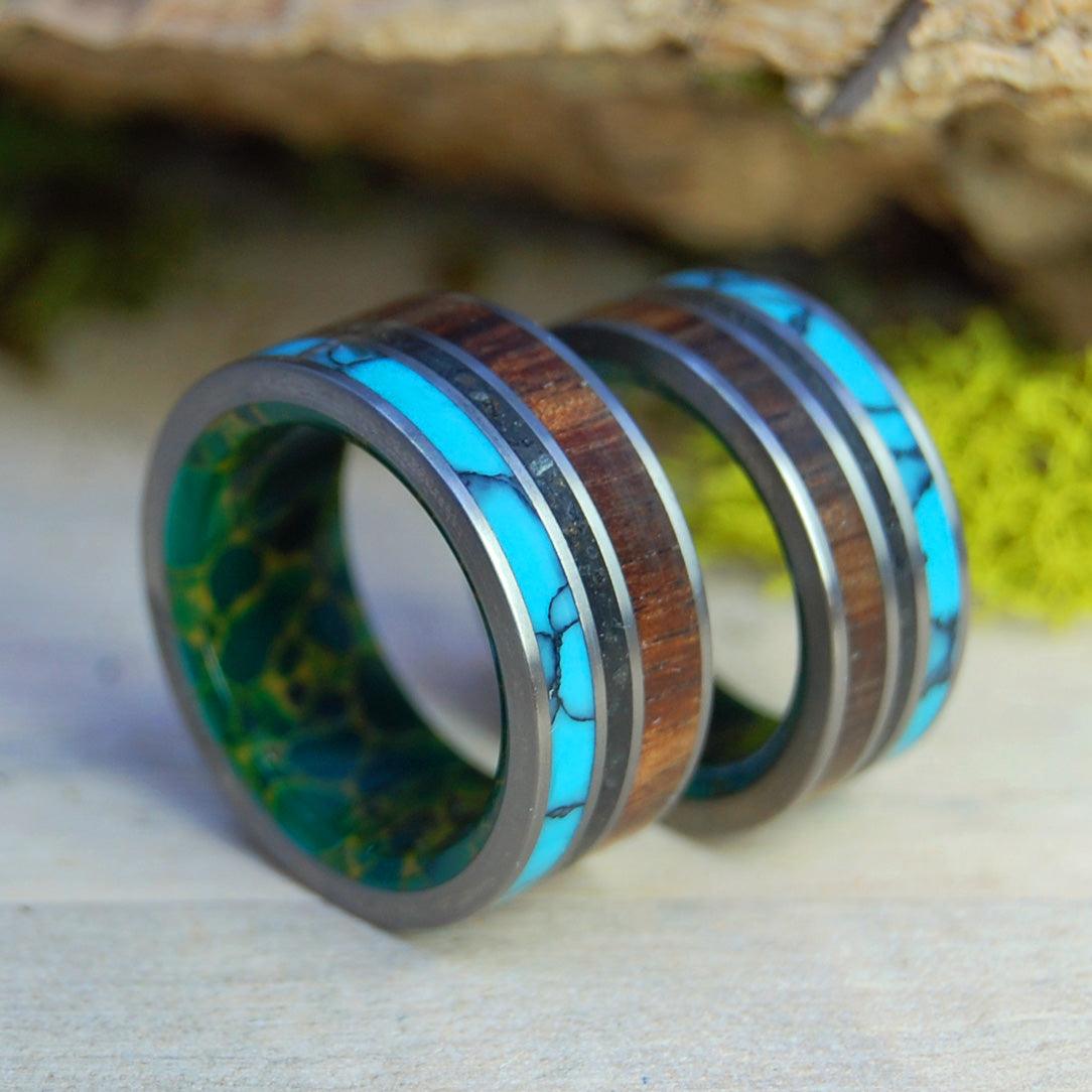 ALL OF ICELAND IN MY HEART | Icelandic Lava Sand, Turquoise  & Koa Wood - Titanium Wedding Ring Set - Minter and Richter Designs