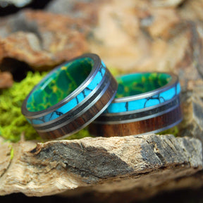 ALL OF ICELAND IN MY HEART | Icelandic Lava Sand, Turquoise  & Koa Wood - Titanium Wedding Ring Set - Minter and Richter Designs