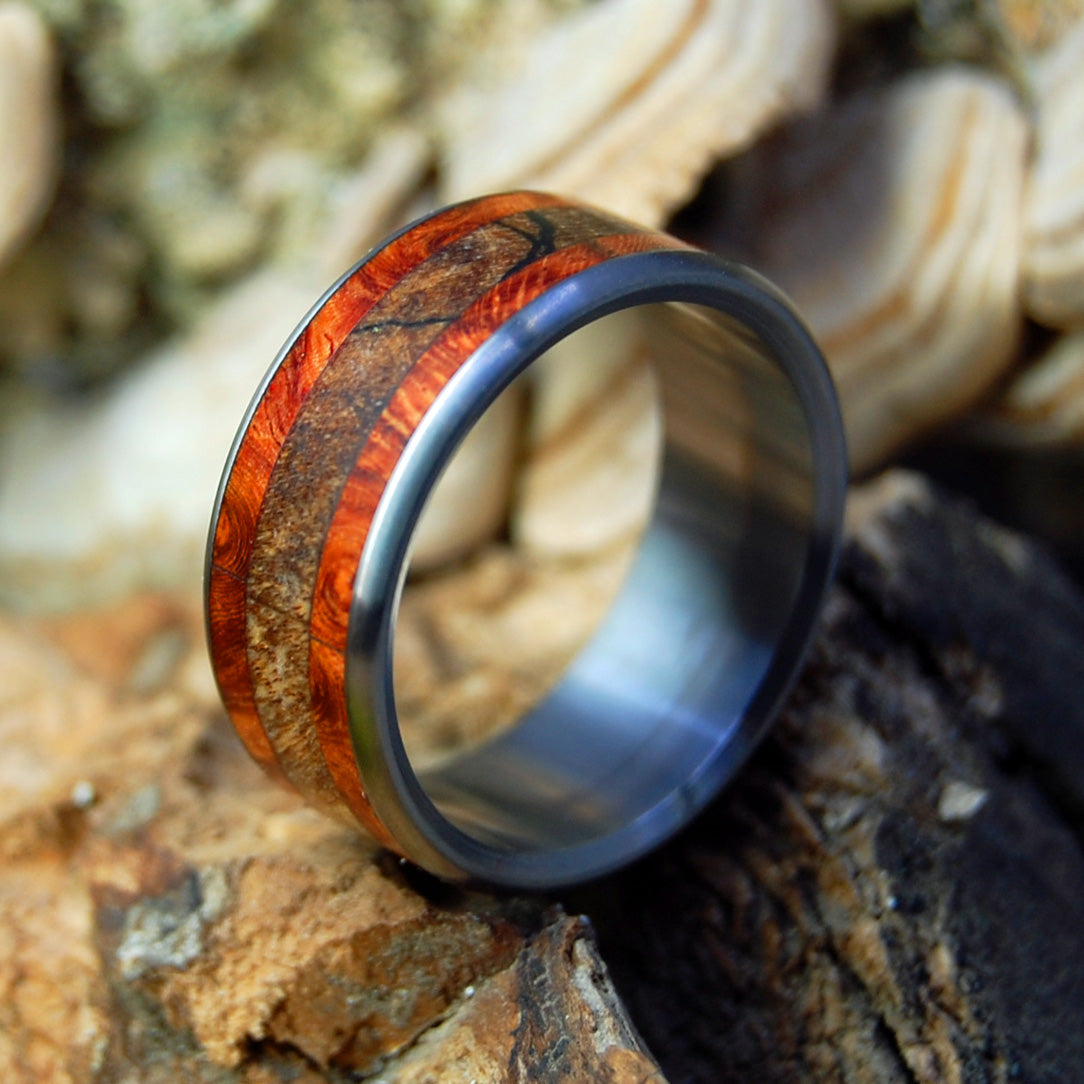 CORNER OF HIS HEART | Spalted Maple and Amboyna Burl -  Wooden Wedding Rings - Minter and Richter Designs