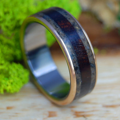 ARMENIAN OREGON DRIFT | Men's Driftwood, Oregon Lava, Koa Wood, Armenian Obsidian, & Bronze & Titanium Wedding Ring