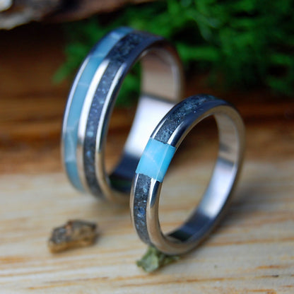 ASSATEAGUE SKIES SET | Assateague Beach Sand & Larimar Stone Titanium Wedding Rings