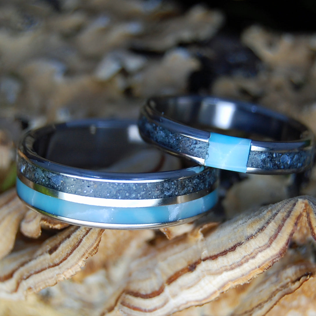 ASSATEAGUE SKIES SET | Assateague Beach Sand & Larimar Stone Titanium Wedding Rings