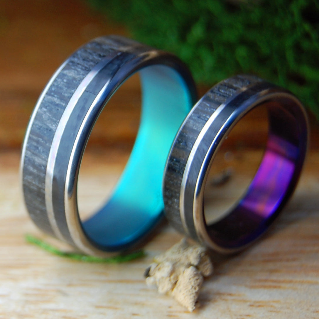 BISON BOG GREEN & PURPLE | Bog Oak & Bison Horn - Unique Wedding Rings - Wedding Rings Set