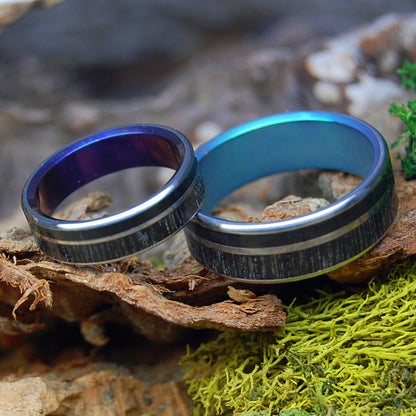 BISON BOG GREEN & PURPLE | Bog Oak & Bison Horn - Unique Wedding Rings - Wedding Rings Set