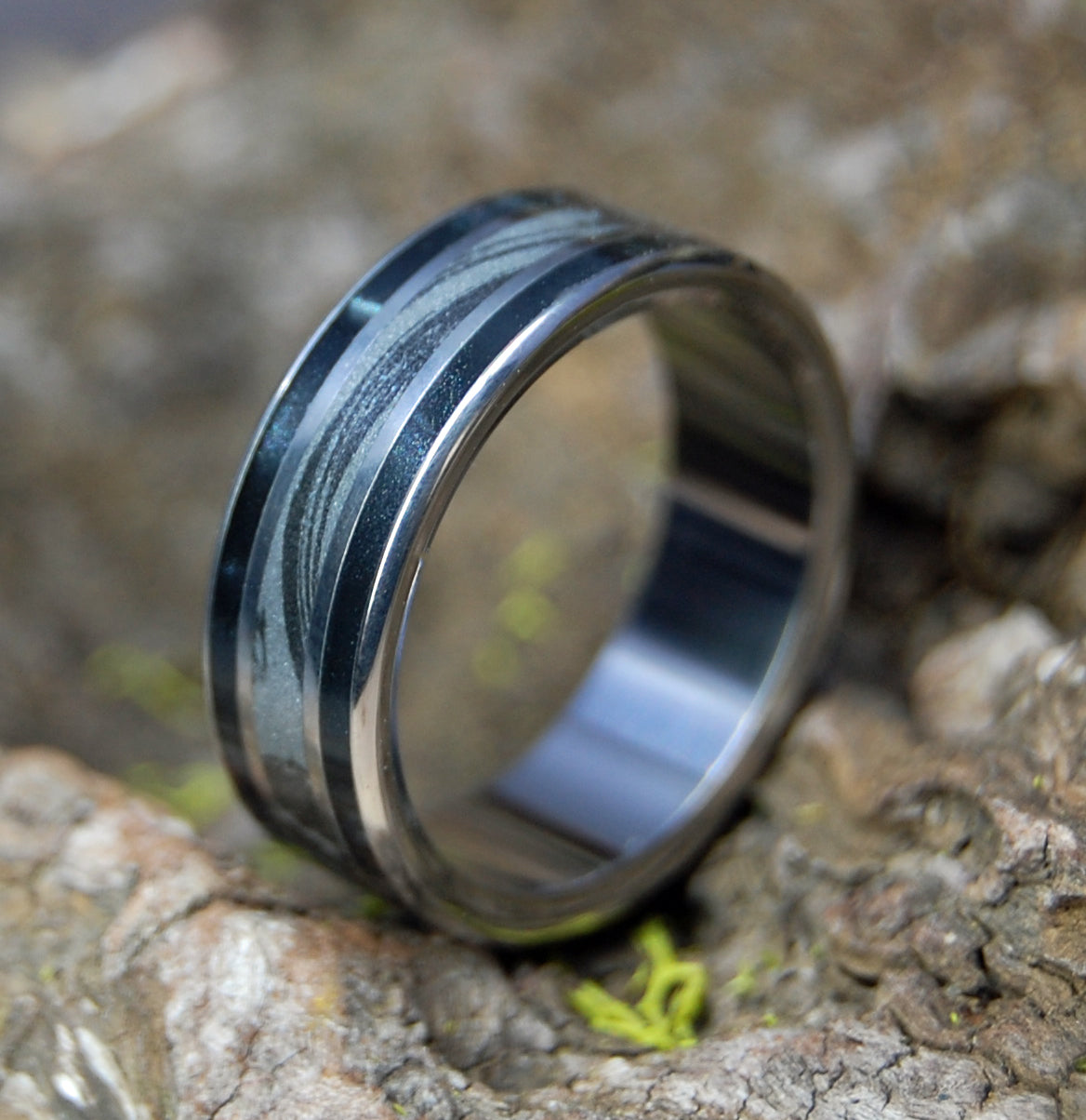 OUR MOON | Black & Silver Mokume Gane and Black Marbled Opalescent - Titanium Wedding Ring - Minter and Richter Designs