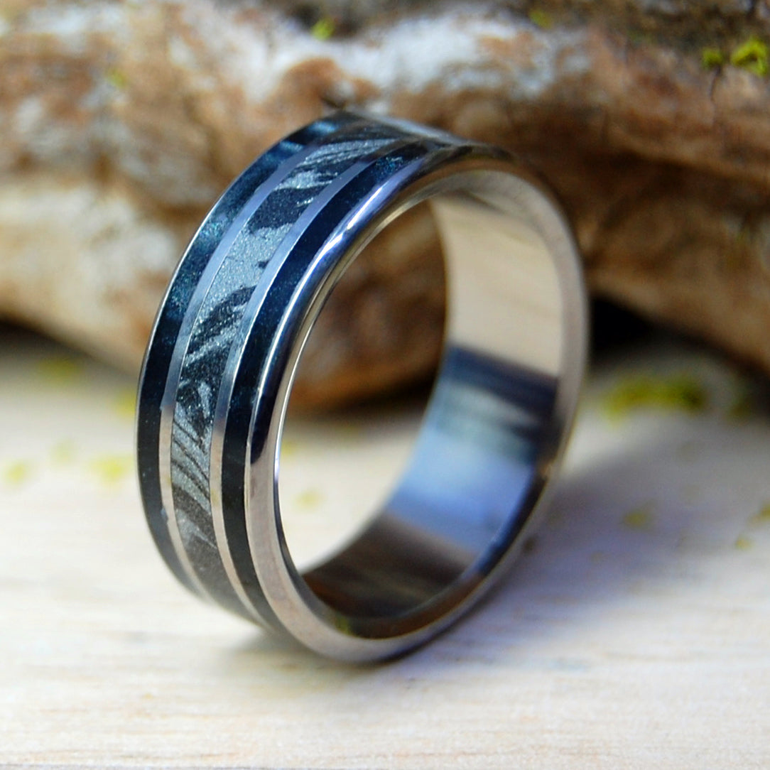 OUR MOON | Black & Silver Mokume Gane and Black Marbled Opalescent - Titanium Wedding Ring - Minter and Richter Designs