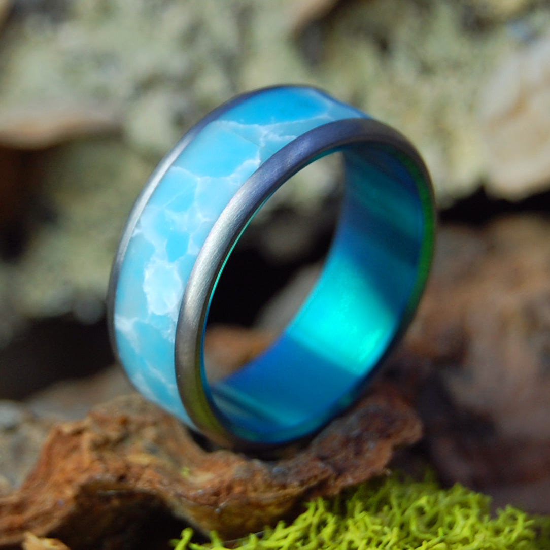 BLUE SKY WEDDING DAY GREEN | Larimar & Titanium  -  Stone Wedding Rings - Minter and Richter Designs