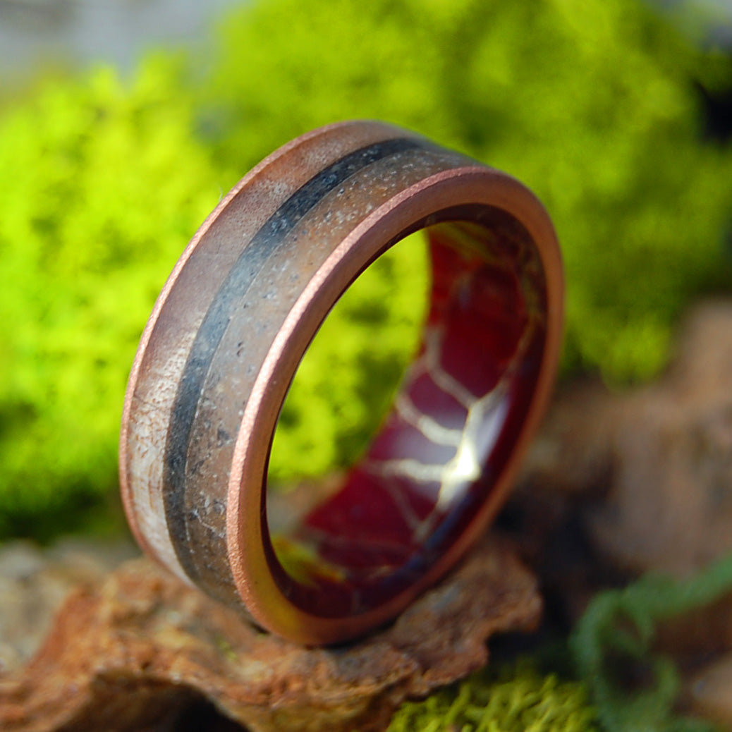 Sundown in Vermont | Men's Vermont Sugar Maple Wood, VT River Rocks, Lava, Titanium & Copper Wedding Ring