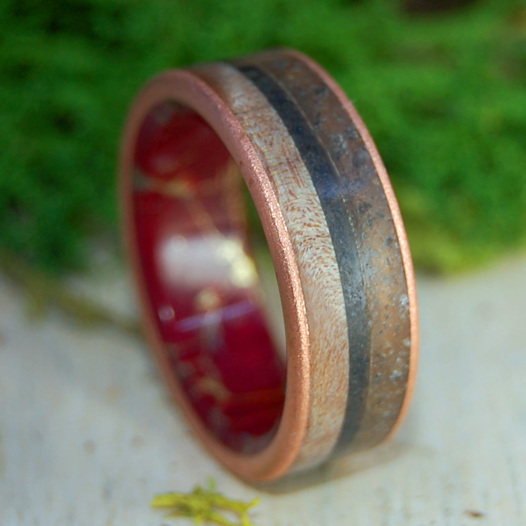 Sundown in Vermont | Men's Vermont Sugar Maple Wood, VT River Rocks, Lava, Titanium & Copper Wedding Ring