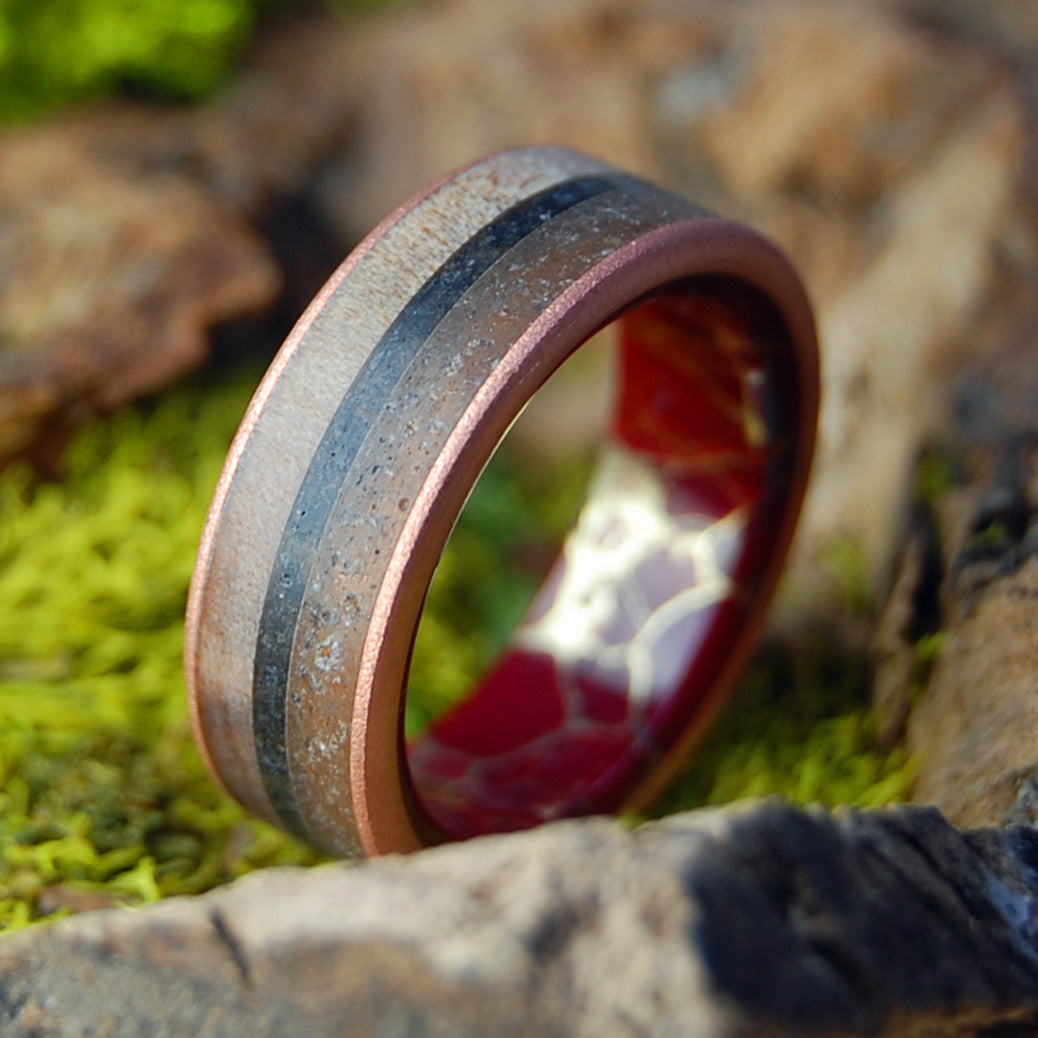 Sundown in Vermont | Men's Vermont Sugar Maple Wood, VT River Rocks, Lava, Titanium & Copper Wedding Ring